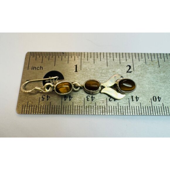925 Sterling Silver Drop Dangle Earrings with Tiger's Eye Gemstones, Hook Back - Picture 9 of 11